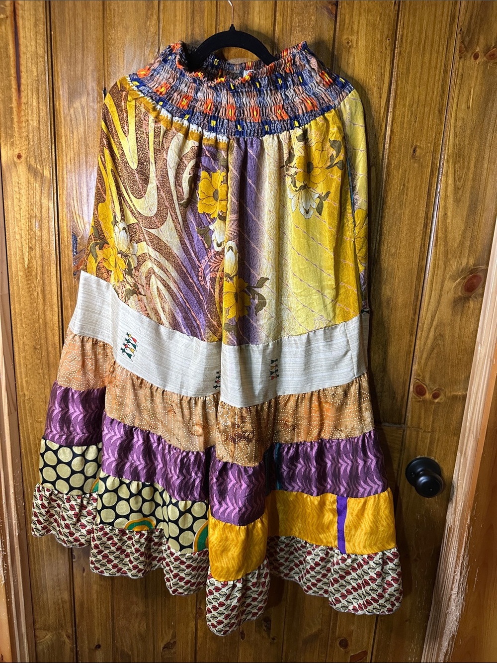 POL Patchwork Tiered Maxi Skirt in Yellow, Purple & Cream